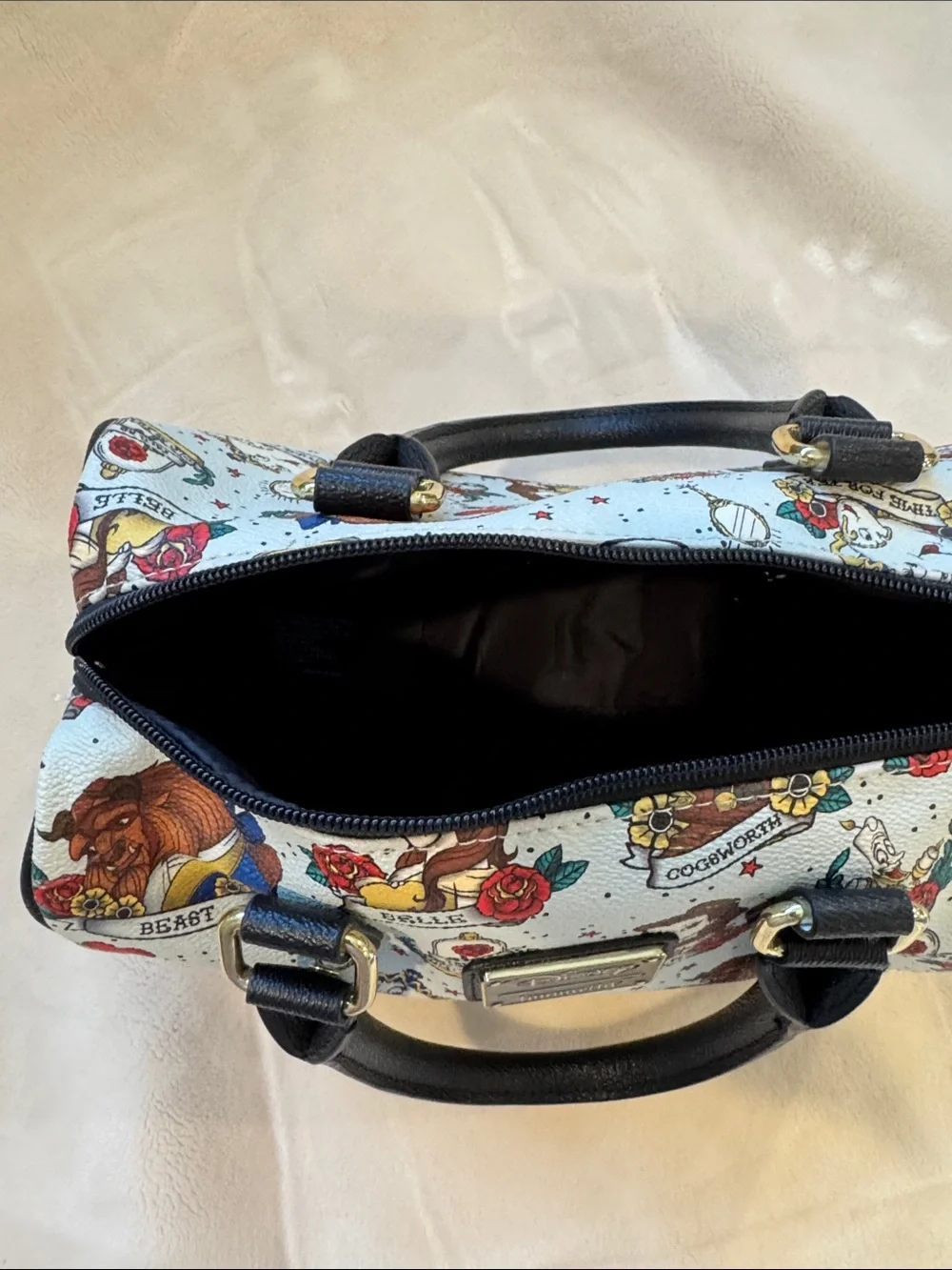 Loungefly Pale Blue Beauty and the Beast Character Print Satchel with Black Trim